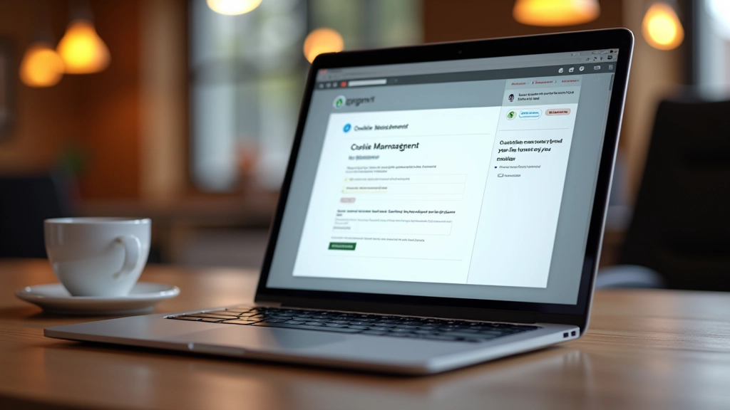 Laptop scherm met cookie consent manager interface toont verschillende soorten cookies en toestemmingsstatus