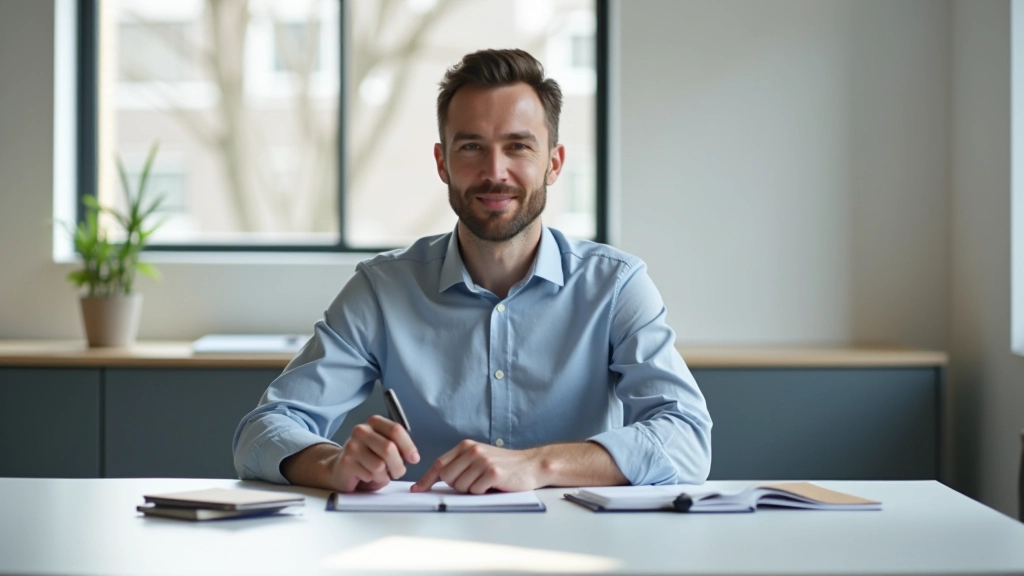 Maarten van der Linde aan het werk aan een privacy-audit op zijn schoon bureau met notities over GDPR en AVG-compliance