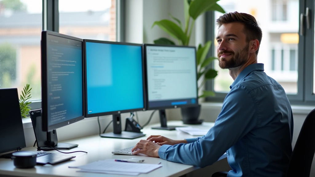 Designer bestudeert GDPR richtlijnen op meerdere schermen in professioneel kantoor